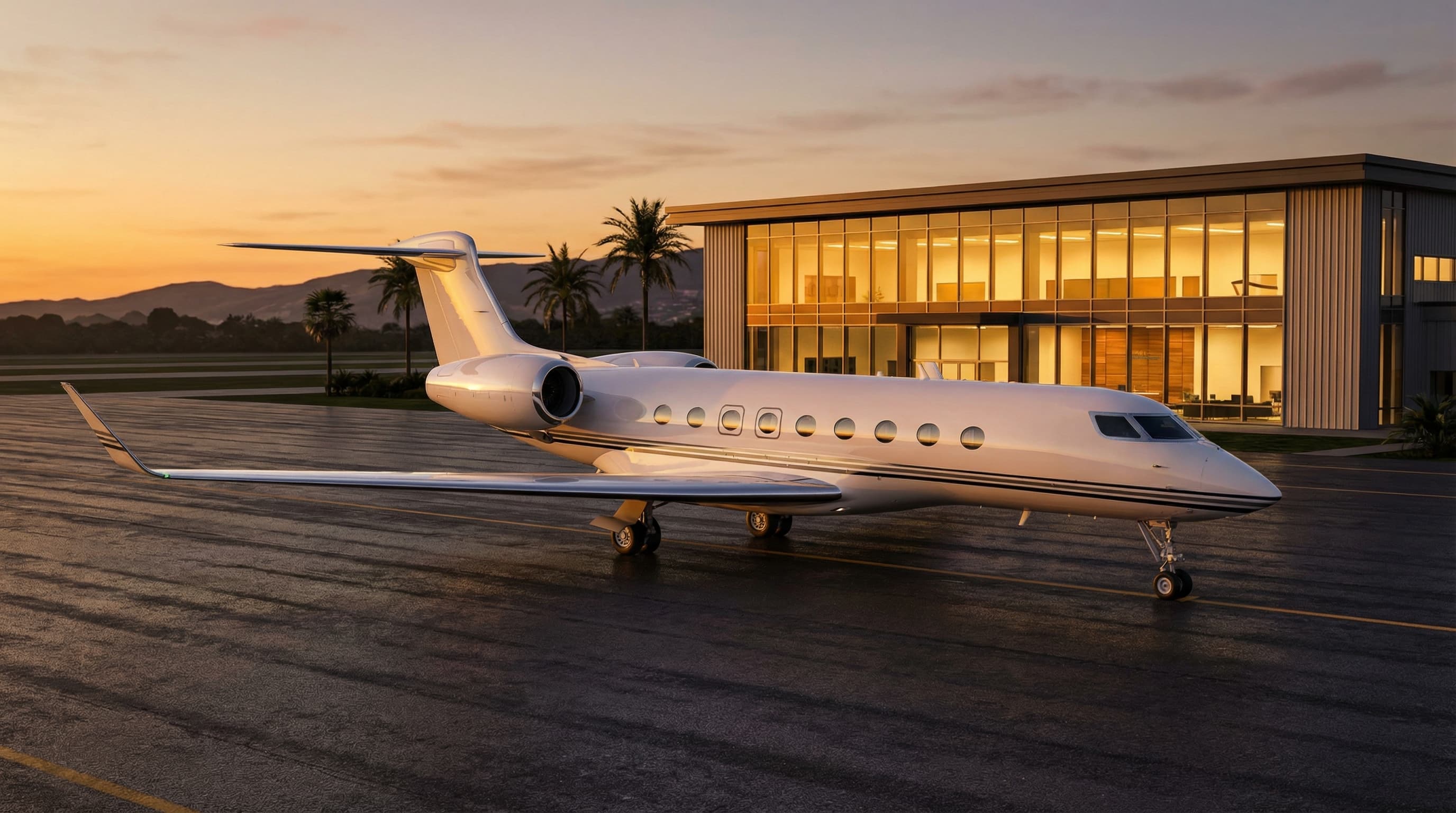 Private jet on tarmac at golden hour with luxury FBO terminal