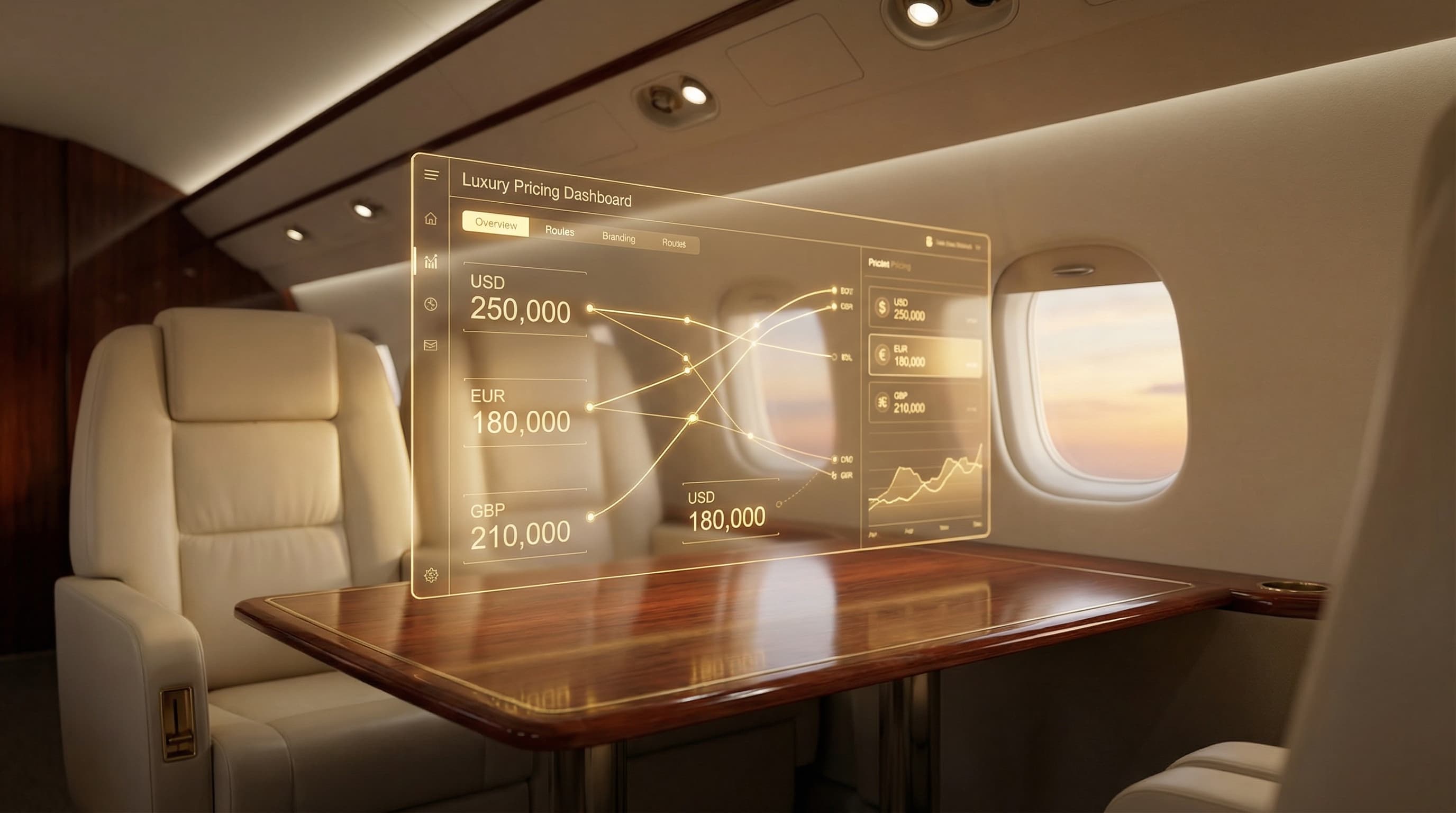 AI-powered charter pricing dashboard inside luxury jet cabin