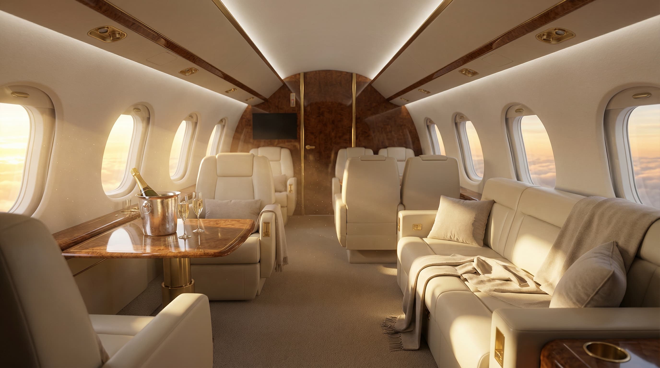 Empty luxury private jet cabin with sunlight streaming through windows