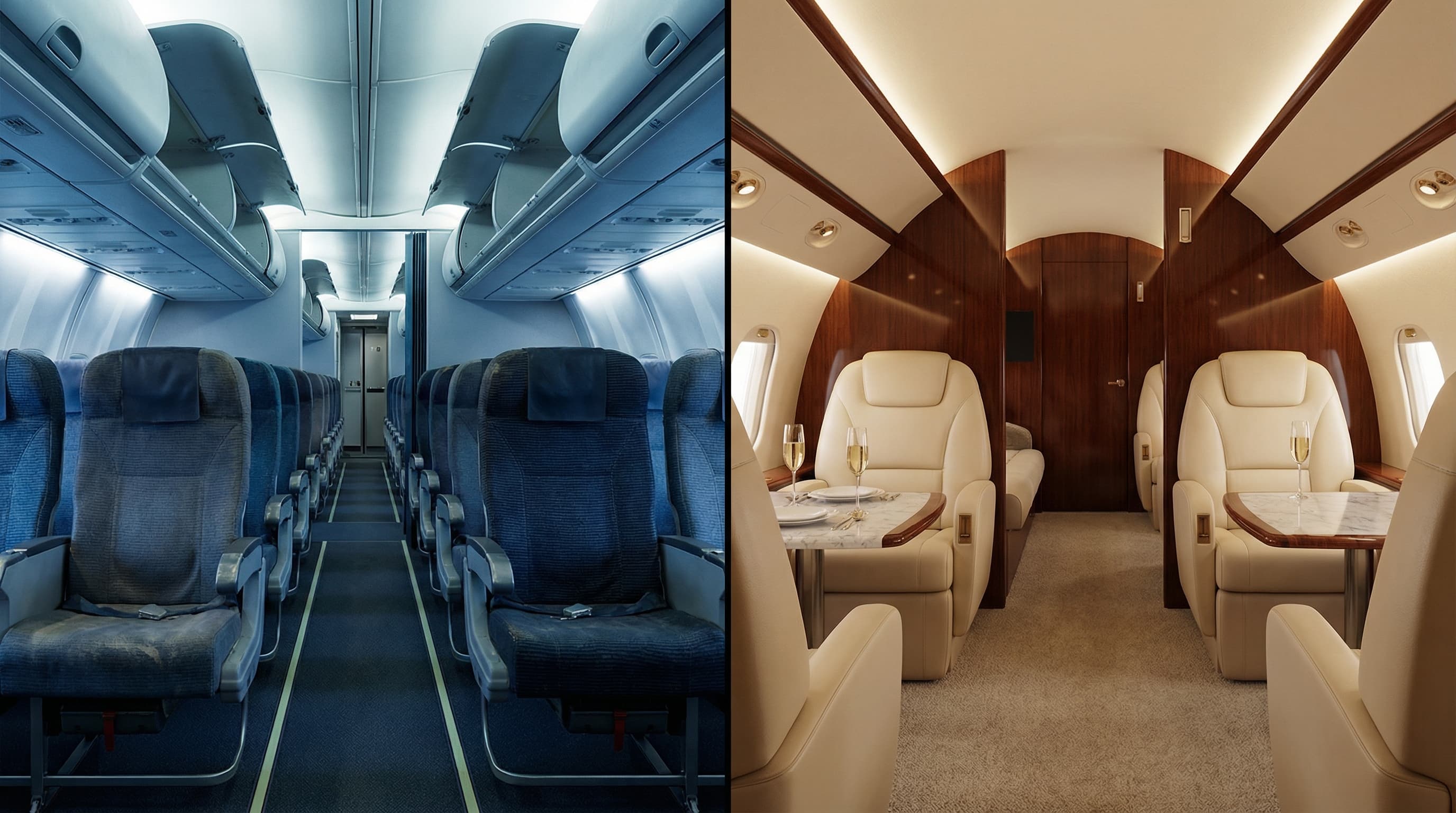 Split view comparing commercial first class cabin with luxury private jet interior